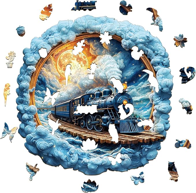 Wooden Puzzles for Adults, Moonlight Train Wooden Jigsaw Puzzle for Adults, 185 Piece Unique Animal Shape Wood Puzzles Adult, Home Decor Birthday Party Gifts, Friends & Family Game (M-11.4 * 11.2in)
