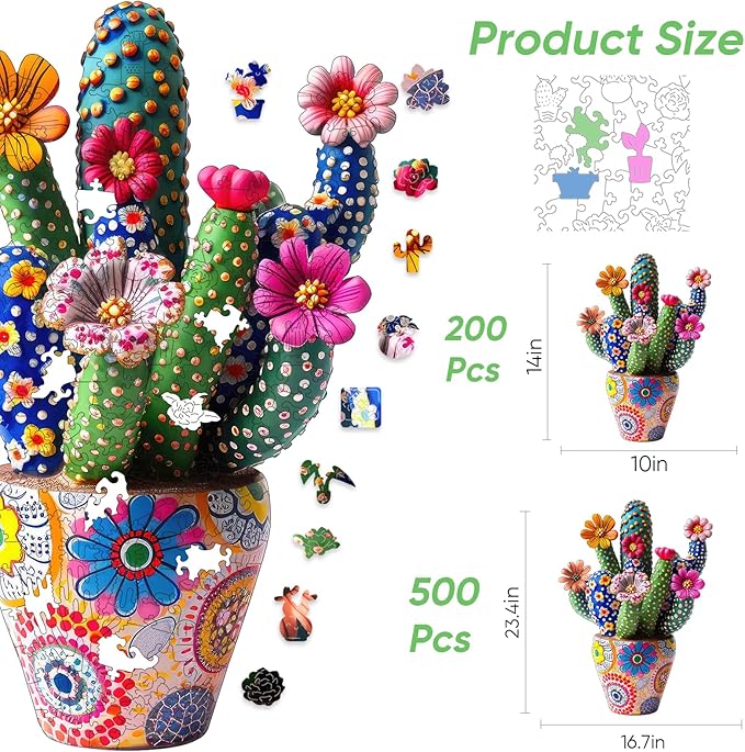 Mys Aurora Puzzles for Adults Cactus Flower Wooden Puzzles, 500 Pieces Unique Shaped Liberty Jigsaw Puzzles, Birthday for Mom Adults, Fun Challenge Family Game 16.7'' x 23.4''