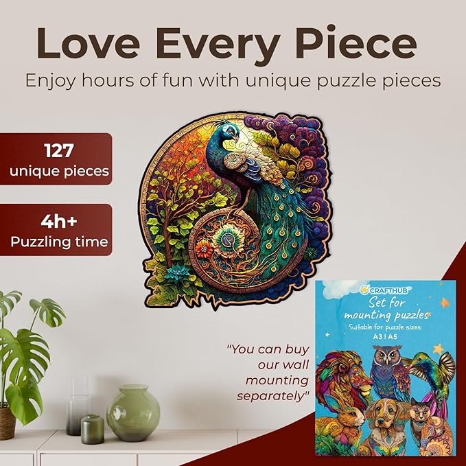 CRAFTHUB Animal Wooden Puzzles for Adults – A3 Peacock Yin Yang with 127 Pieces – Jigsaw Puzzles with Unique Animal Shapes – 10.6" x 10.7"