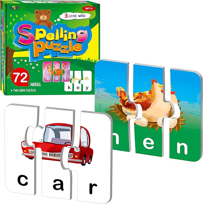 72 Word Spelling Puzzles with Error-Correction Mechanism in 3 Pieces, Perfect for Preschool Learning (36 Block Double Sided)