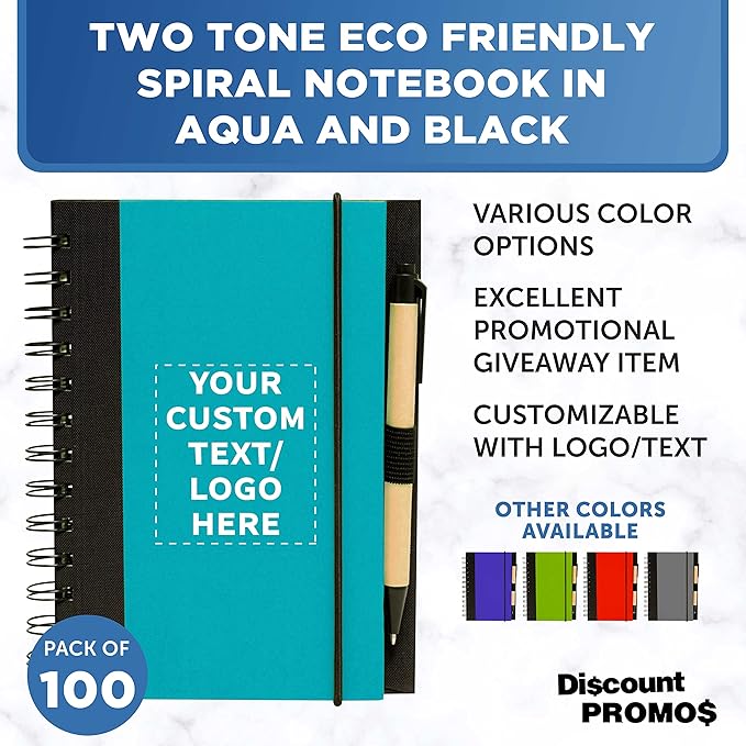 DISCOUNT PROMOS Custom Eco Block Notebooks with Pens Set of 100, Personalized Bulk Pack - Perfect for School, Office, Business, Home - Aqua