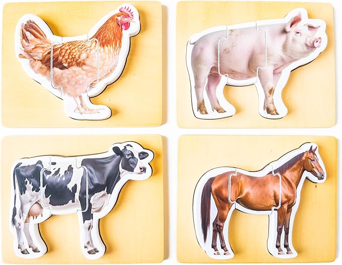 Wooden Montessori Animal Puzzles for Toddlers 2+ Years | Realistic Chunky Farm Animal Shape Puzzle | Educational Learning Toy - Three-Piece Farm Animal Puzzles