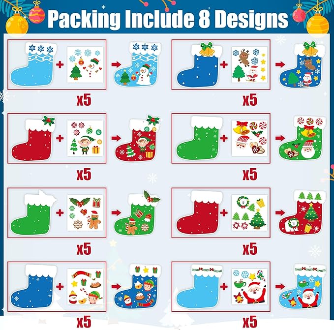 EZdhuawuse Christmas Stockings Craft Kits - 123Pcs Christmas Stocking DIY Sticker Ornaments for Kids, Make Your Own Xmas Craft Paper Stockings, DIY Xmas Ornaments Kits for Tree Wall Door Hanging