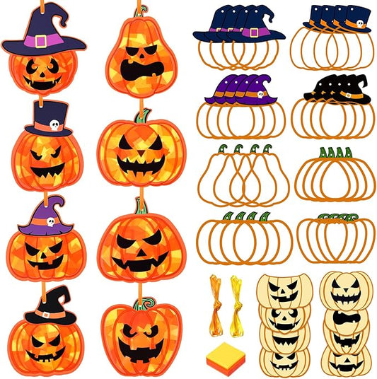 Tinlade 32 Sets Halloween Suncatcher Crafts Kit Pumpkin Suncatcher Paper Crafts with Tissue Paper DIY Window Stained Glass Effect Hanging Ornaments for Autumn Halloween DIY Activities Party Favors