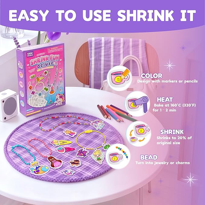 70 Pre-Cut Unicorn Shrinky Dink Sheets Art Kit, Shrink Paper Keychain Kit with 8 Colored Pencils Make Jewelry Charms & Accessories, Mess-Free Arts & Crafts for Kids, DIY Crafts for Adults and Teens