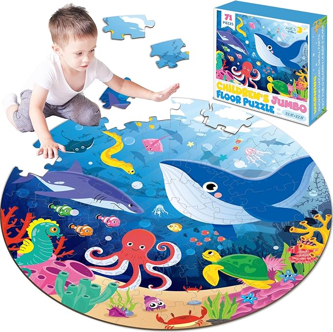 Puzzles for Kids Ages 4-8, 71 Piece Jumbo Large Underwater Ocean Floor Puzzle Sea Animals Shark Round Puzzles for Toddler Children 3-5 Educational Learning Toys for Boys Girls Birthday