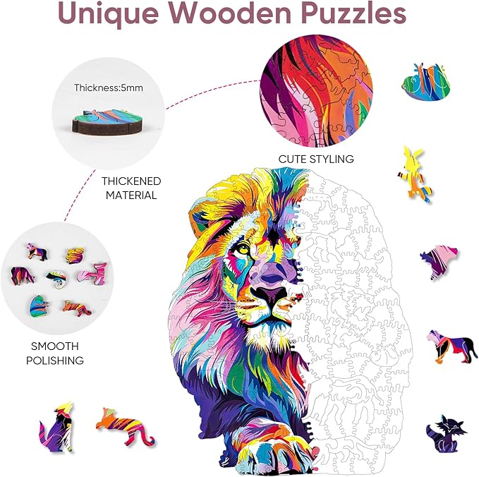Mys Aurora Wooden Puzzles for Adults, Lion Jigsaw Puzzles 200 Pieces, Unique Shaped Puzzle for Adults and Kids, Ghristmas Gift Family Game 10.8 x 11.2 Inch