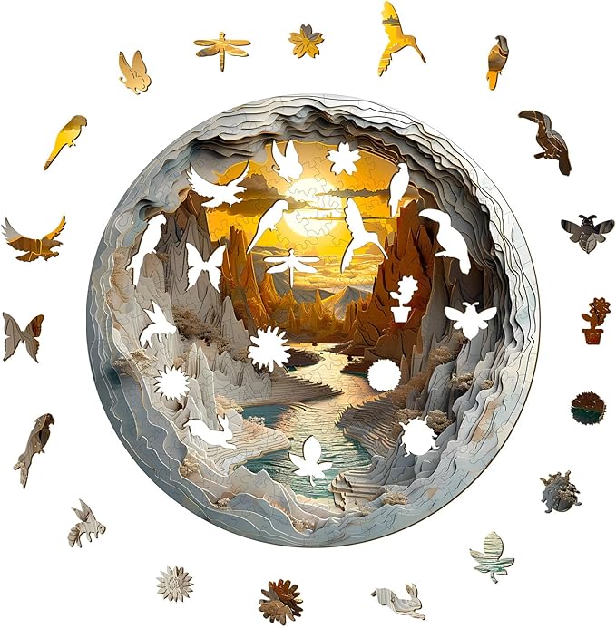 Wooden Puzzles for Adults - Cave Wooden Puzzle - 3D Visual Effect Puzzle with Unique Shapes - Eco-Friendly Home Office Decor (M-11.4 * 11.4in)