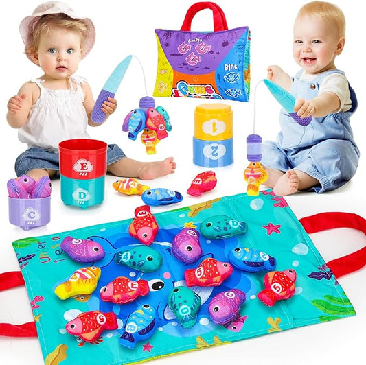 PEBIRA Montessori Toddler Toys for 1 2 Year Old Boy Girl, 23 pcs Cloth Fishing Game, 2 Poles, Stacking Cups, Learning Toys for Number/Color Sorting, Birthday Easter Gift for Age 6-12 18 Month Baby Toy