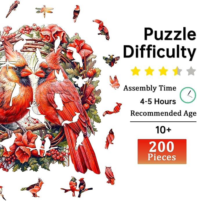 Jigfoxy Wooden Puzzles for Adults, Cardinal Wood Puzzles Adult, Unique Animal Shape Wooden Jigsaw Puzzles for Adults, Birthday Gifts for Puzzle Lovers, Family, Friend (M-11.4 * 11.3in-200 pcs)