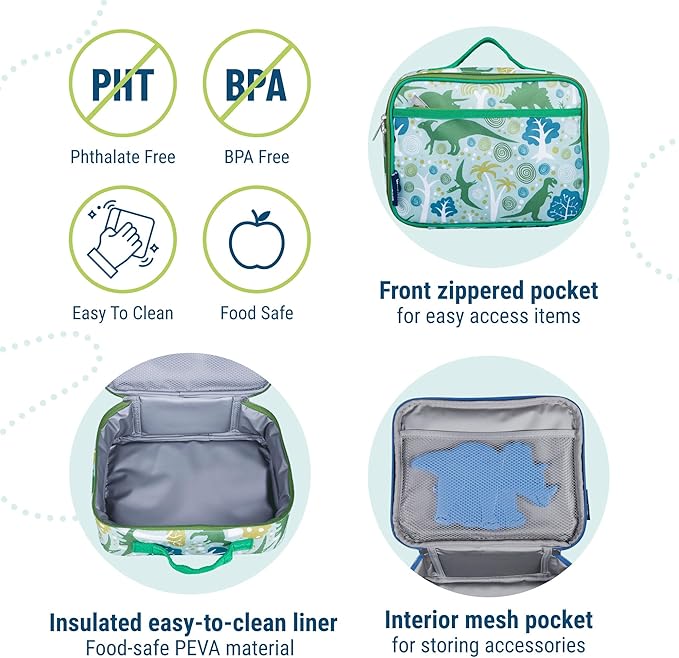 Wildkin Kids Insulated Lunch Box – Durable and Reusable for School & Travel - Dinomite Dinosaur
