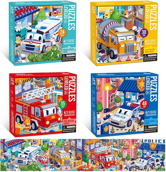 Puzzles for Kids Ages 3-8 Year Old，4 Pack 4 in 1 Progressive Jigsaw Puzzles (24/30/35/48 Pieces) for Toddlers & Children，Educational Floor Puzzles for Gifts