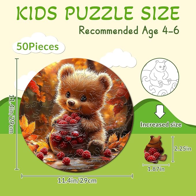 Wooden Puzzles for Kids Ages 4-6 - Berry Bear 50 Pieces Children Puzzles - Large Pieces Kids Puzzle with Unique Shapes - Educational Puzzles Toys for Boys and Girls (11.4 * 11.4 in)