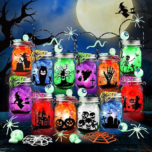 SpringFlower Halloween DIY Arts and Crafts Kits，12 Pcs Glass Mason Jar with Accessories for DIY Lantern Jar, Art & Craft Party Supplies for Classroom Kids