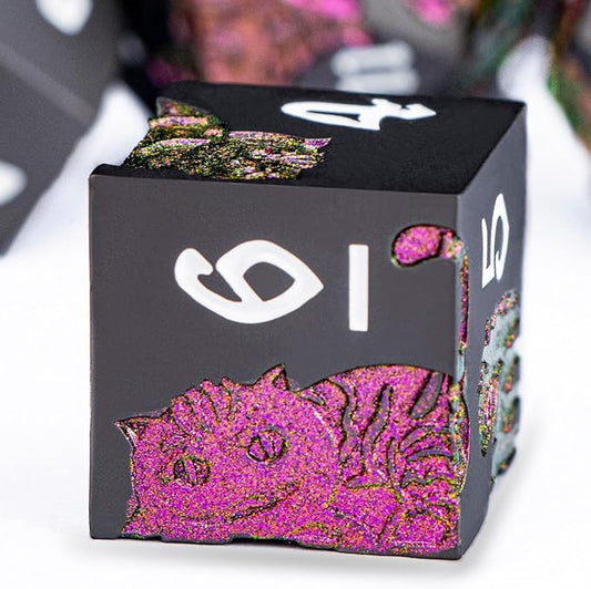 Metal DND Cat Dice 7PCS Polyhedral RPG Dice Set with Gift Case for Dungeons Dragons Role Playing Game, D and D Dice D6 D8 D10 D12 D20 D% (Purplish Red) ﻿