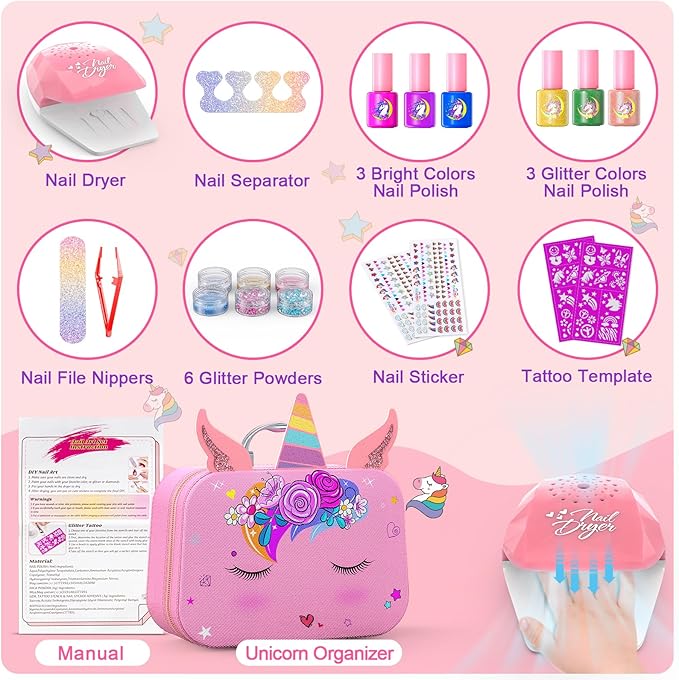 Kids Nail Polish Set for Girls, Nail Art Kit with Nail Dryer & DIY Nail Stickers, Nail Kit Toys for Girls with Non-Toxic Nail Polish,Age 3-12 Little Girl Gift Toys