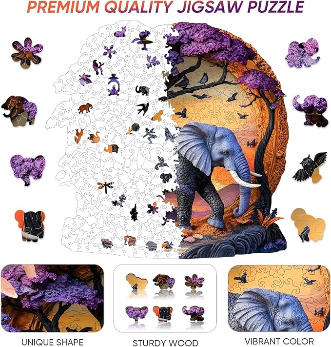 Wooden Puzzle for Adults 500 Pcs, 3D Vision Effect Elephant Forest Puzzle Unique Shape Advanced Jigsaw Puzzle, Challenge Wooden Jigsaw Puzzle for Family Game (16.9 x 16.4 in)
