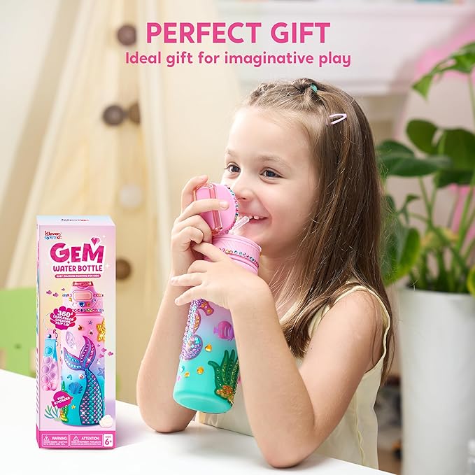 Klever Kits Decorate Your Own Water Bottle Kits for Girls Age 6+, Mermaid DIY Gem Diamond Painting Crafts, Girl Birthday Gift Arts and Crafts Fun Arts for Girls Birthday Christmas
