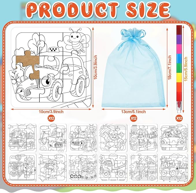 Fullhawl 12 Sets Transportation Puzzles Traffic Theme Color Your Own Puzzles DIY Construction Jigsaw Craft with 12 Stackable Crayons and 12 Bags for Construction Gifts Birthday Party Supplies(12, Car)