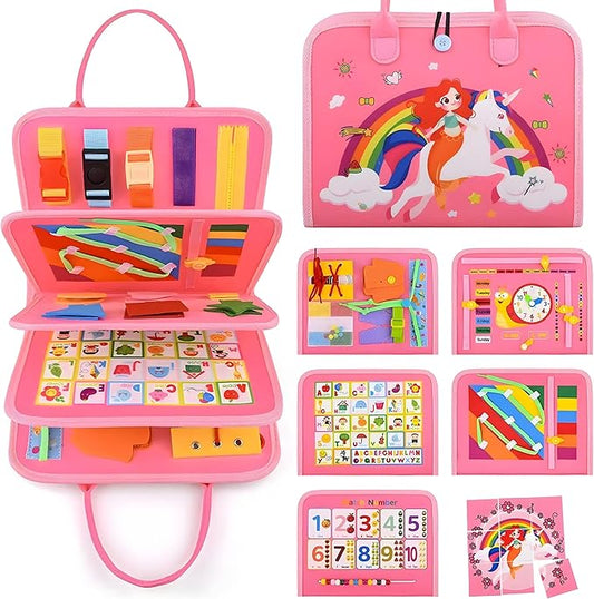 Busy Board for 1 Year Old Sensory Toys for Toddlers 1-3 Montessori Learning Busy Book for Boys Girls Preschool Toys Gift (Pink)