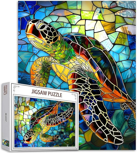 Jigsaw Puzzles 1000 Pieces for Adults-Sea Turtle Glass Style Hardboard Puzzle-Challenging Puzzle Perfect for Game Nights-DIY Home Wall Decor-Art Puzzles Colorful Stained Glass Sea Turtle 27" x 20"
