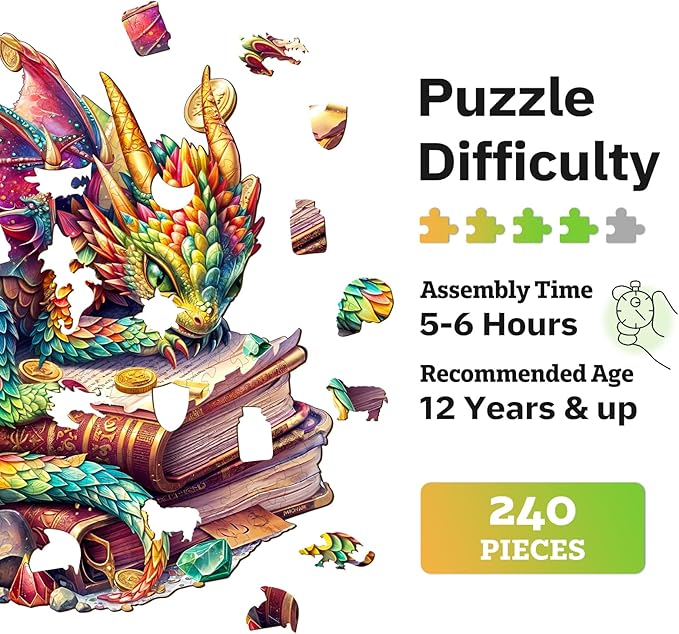 Jigfoxy Wooden Puzzles for Adults, Jeweled Dragon Wood Puzzles Adult, Unique Animal Shape Wooden Jigsaw Puzzles for Adults, Birthday Gifts for Puzzle Lovers, Family (L-13.4 * 12.6in-240pcs)