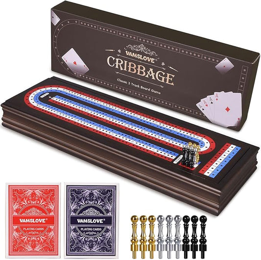 VAMSLOVE 16'' Cribbage Board Game Set Wooden 3-Track Scoreboard with Large Slots for Storing 2 Playing Cards and 9 Metal Pegs, Travel Family Game Night (Instruction Included)