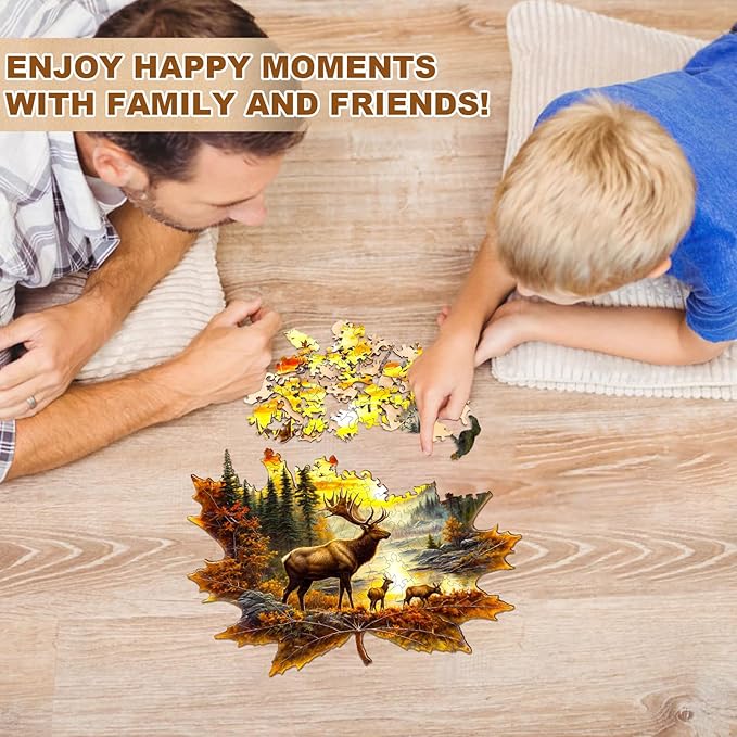 WOODBESTS Wooden Puzzles for Adults-Elk & Maple Leaves, 240 Pieces Wood Puzzle (L-13.4 * 13.1in), Premium Art Shape Wooden Animal Jigsaw Puzzles, for Men/Women & Family Game Night