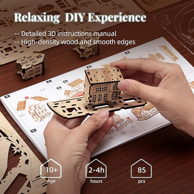 3D DIY Puzzle Moon City Model - LED 3D Wood Puzzle - 3D Wooden Puzzles for Adults Home Décor Gifts for Kids and Adults, Brown