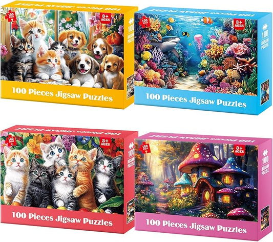 4 Packs 100 Piece Puzzles for Kids Ages 4-6 6-8 8-10, Sea World Cats&Dogs Mushroom House Educational Jigsaw Puzzles, Kids Puzzles 5-8 Gifts for Girls Boys