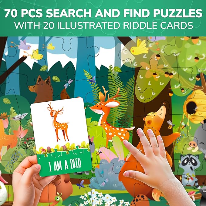 QUOKKA Search and Find Puzzles for Kids Ages 4-6 - Riddle Kids Puzzles 6-8 Years Old - 70 Unique Pcs - 20 Illustrated Guessing Cards - Engaging Children Themes - Forest Puzzle Gift for Toddlers 3-5