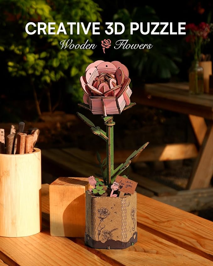 3D Flower Wooden Puzzles for Adults-Pink Rose, DIY Wooden Flowers Model Kit Building Set Crafts for Adults to Build, Botanical Collection/Ideal Creative Gift Ideas/Housewarming (104PCS)