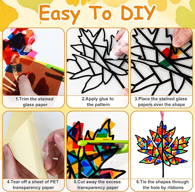 EggSun 36 Sets Fall Maple Leaf Suncatchers Craft Kit for Kids Ornaments Stained Glass Window Arts and Crafts Kit for Thanksgiving Classroom Holiday Projects Home Party Favors Decorations Ages 4 8 12