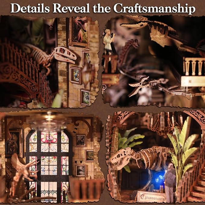 [2025 New] Dinosaur Museum Book Nook Kit with Dust Cover & LED Light, DIY Miniature House Kit Toy, 3D Wooden Puzzle Bookshelf Decor Building Kit, Birthday Gifts for Family & Friends