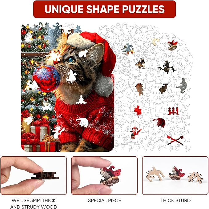 Christmas Hat Cat Jigsaw Puzzles - 200 Pcs Handmade Wooden Puzzle with Unique Shapes, Stress Relief & Educational Fun, Family Game Night 8.9×12.1 Inch, Best Gift for Friends
