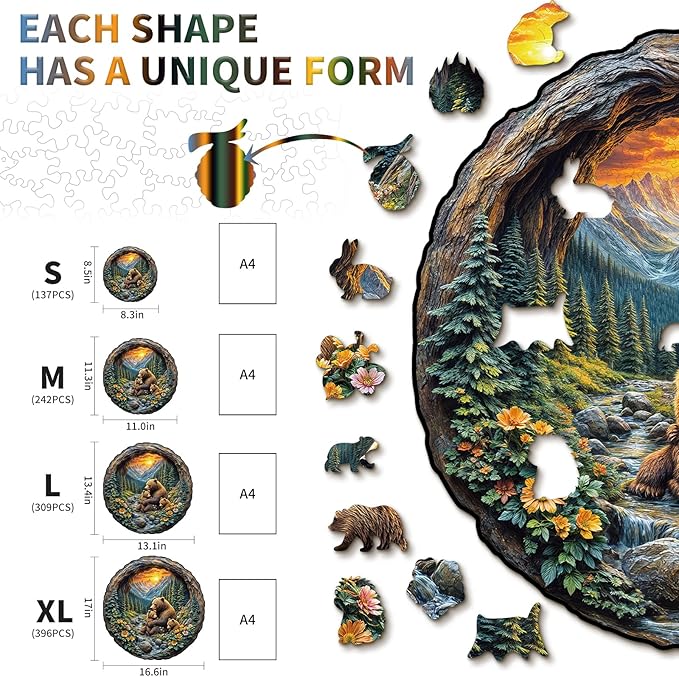 Wooden Puzzles for Adults, 3D Visual Effect Brown Bear Embrace Wooden Jigsaw Puzzle Kids,Unique Shape Wood Puzzle Adult,Puzzle for Adults,Birthday Gifts Family Games (M-11.3 * 11 in-242pcs)