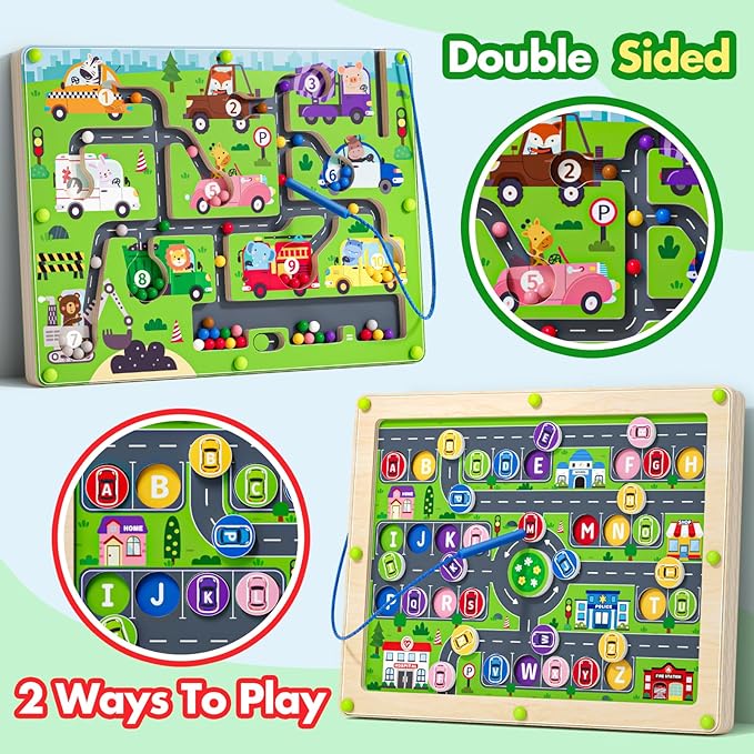 2 in 1 Magnetic Color and Number Maze Double-Sided ABC Alphabet Puzzles Board Magnet Dinosaur Counting Maze Preschool Learning Montessori Education 3 4 5 Years Toys (Car, One Size)