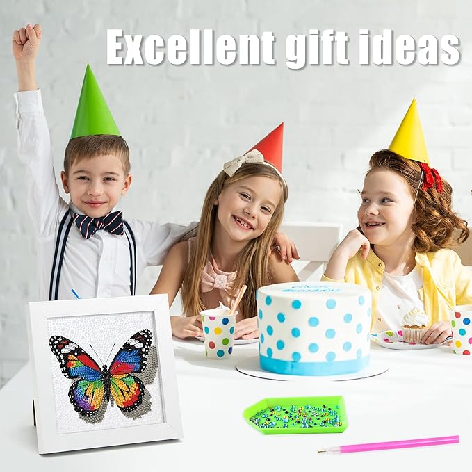 geesfayan Diamond Art Kits for Kids Ages 8-12,6 Inch DIY Gem Art Painting with 7 Inch Frame, Complete Starter Kit for Beginners, Creative Arts & Crafts Gift for Girls & Boys (Colorful Butterfly)