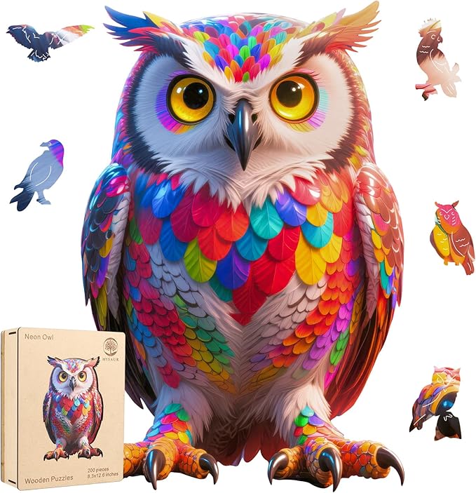 Wooden Puzzles for Adults, Neon Owl Jigsaw Puzzle 200pcs, 10.1x15.3in, Unique Shape Wood Puzzles Adult, Creative Gift for Kids Family Game