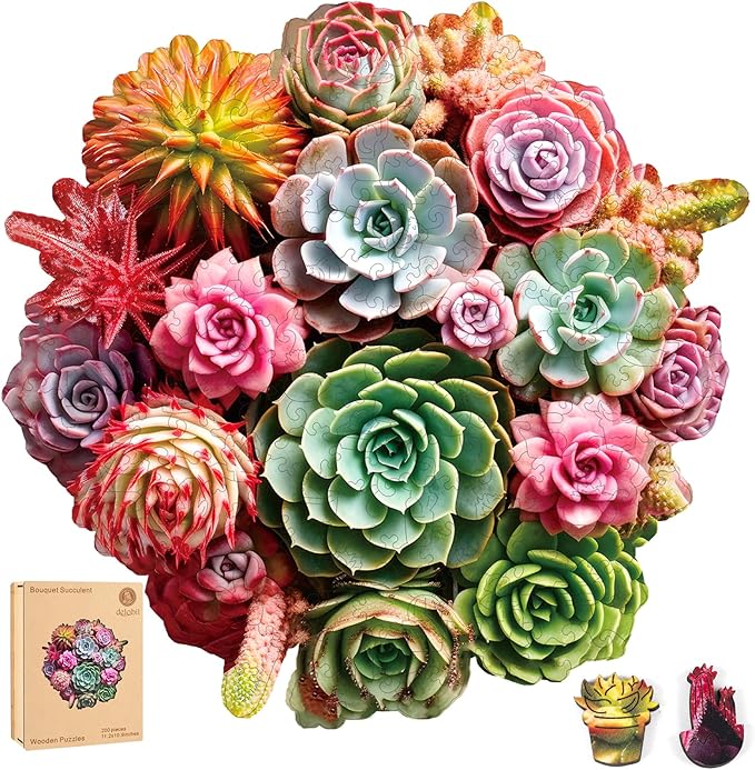 delobil Succulent Bouquet Wooden Puzzles for Adults, 500 Pieces Mandala Round Jigsaw Puzzles, Royal Size Unique Shaped Liberty Wood Puzzle Gift for Kids, Family Game 16.7'' x 16.3''