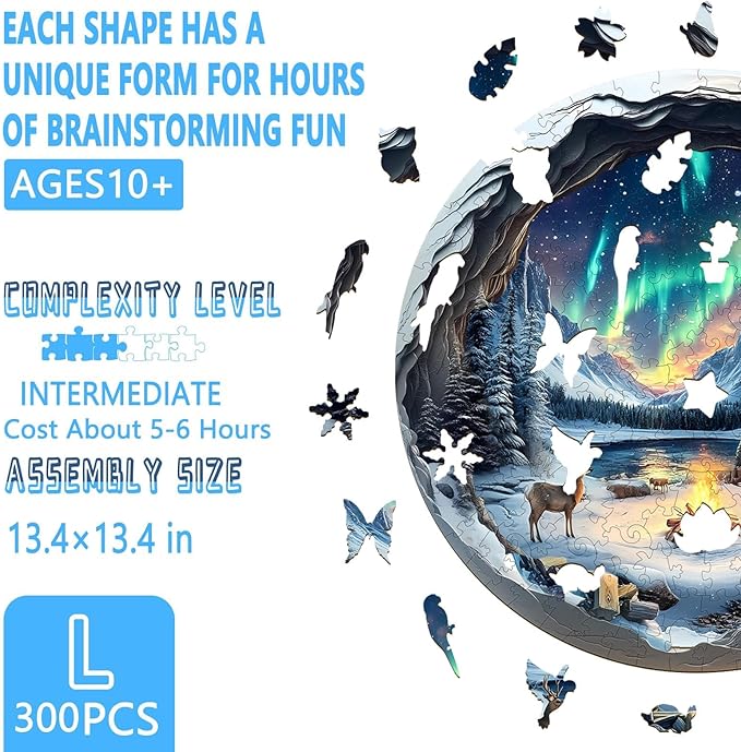 Wooden Puzzles for Adults, Flat Puzzle with 3D Visual Effect, Aurora World Wooden Jigsaw Puzzles for Adults 300 Pieces, Winter Wood Puzzles Adult, Unique Shape, Wall Art Canvas Puzzle (L-13.4*13.4in)