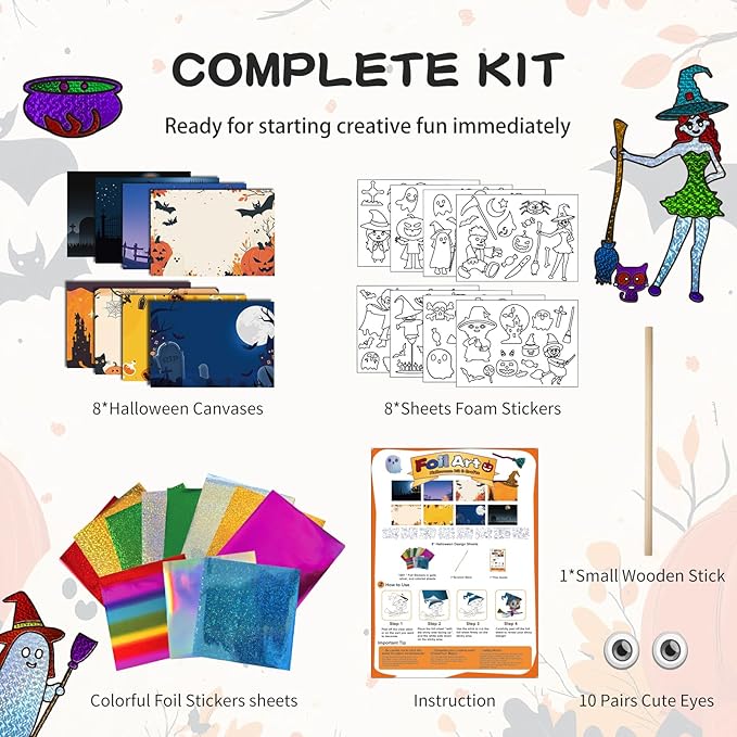 Halloween Foil Fun Crafts Kit for Kids - DIY Gifts Foil Art Mess Free Activity for Travel & Friends Party & Family Gatherings, Halloween Toys Gifts for Girls Boys Ages 4-13 (Witches Pumpkins)