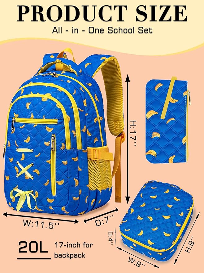 TuErCao Sunny Banana Themed Backpack for Kids Backpack with Lunch Box and Pencil Case for Boys for Age 8-10 10-12 12-14 Kawaii Backpack for Elementary Middle High School Bookbag