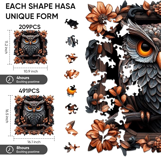 Wooden Puzzles for Adults 491 Pieces, Owl Wooden Jigsaw Puzzles, Animal Adult Puzzles, Irregular Wood Puzzles Creative Gift for Adults and Kids Family Brain Game, 16.5x16.1 inch