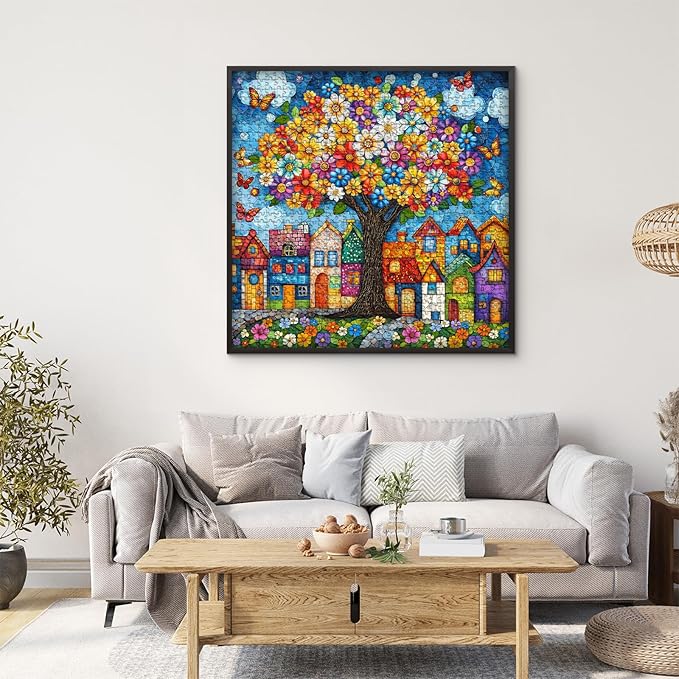 PICKFORU Stained Glass Tree of Life Puzzles for Adults 1000 Pieces, Colorful Village Puzzle with Houses Flowers Trees Butterfly, Nature Impossible Hard Challenge Jigsaw Puzzle