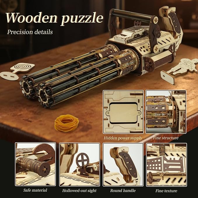 3D Wooden Puzzle Gun for Adults, Rubber Band 3D Puzzle, Gatling Gun Model Building Kit, 344pcs Wood Puzzles DIY Building Model Kits - Excellent for Adult, Teens, and Craft Enthusiasts