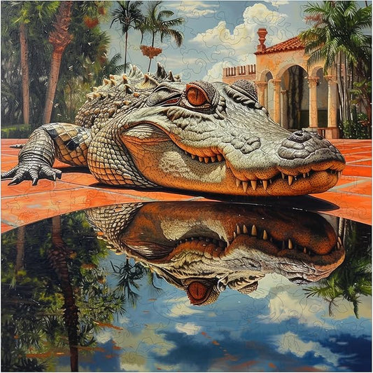 delobil Wooden Puzzles for Adults, Outdoor Alligator Jigsaw Puzzles 500 Pieces, 15.9x15.9in, Unique Shaped Cool Reptile Animal Wood Adult Puzzle, Best Gifts for Adults and Kids Family Game
