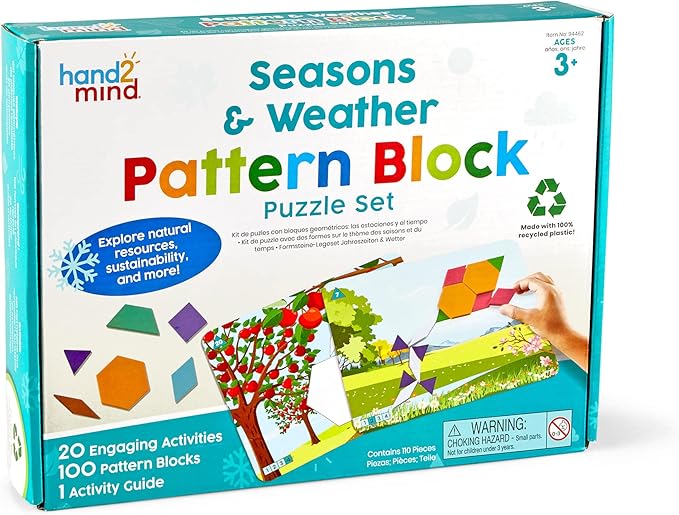 hand2mind Seasons and Weather Pattern Block Puzzle Set, Tangram Puzzle, Geometric Shapes for Kids, Pattern Blocks Cards, Pattern Play, Toddler Battern Blocks, Kindergarten Learning Activities