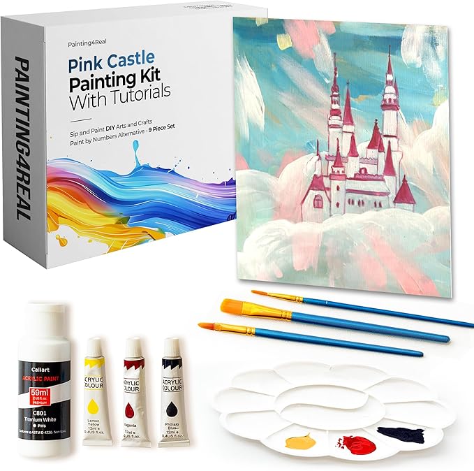 Painting4Real DIY Painting Class Kit for Adults with Video Tutorials: Learn to Paint Pink Castle – How to Paint with Acrylics – Painting & Art Supplies – 9 Piece Acrylic Paint Set