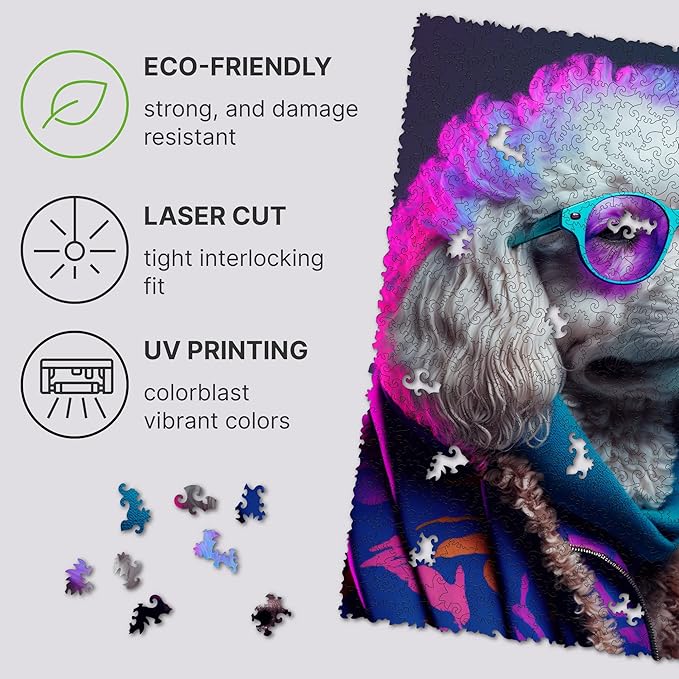 UNIDRAGON Original Wooden Jigsaw Puzzles - Pop Art Glow Up Collection - Sir Poodle - Dog Puzzle 500 Pieces, Beautiful Gift Package, Wooden Puzzle for Adults